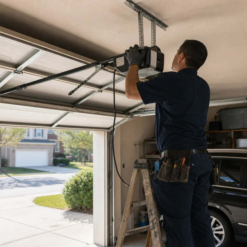 Technician performing professional garage door opener installation and repair service.