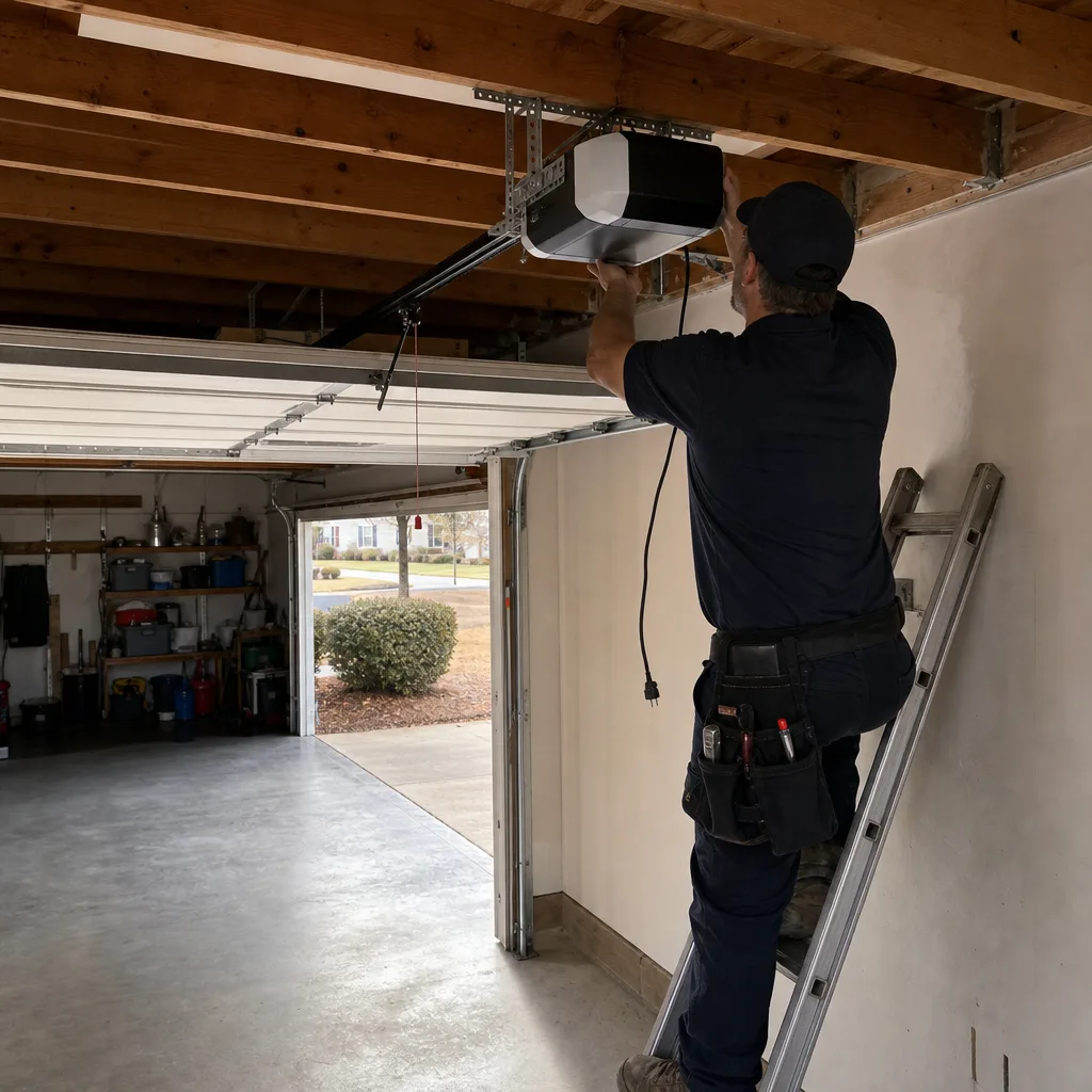 Technician installing a garage door opener motor from a ladder