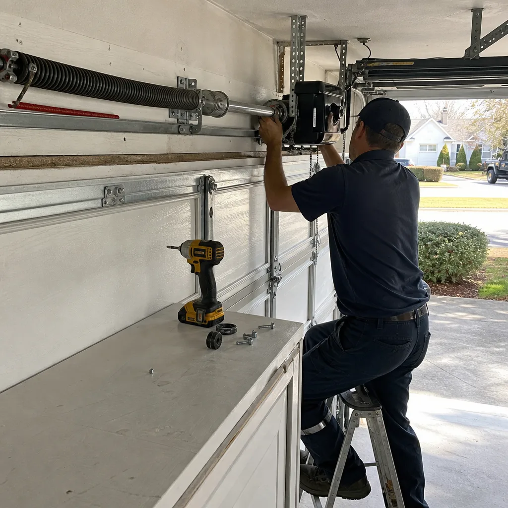 Technician performing professional garage door opener repair and installation