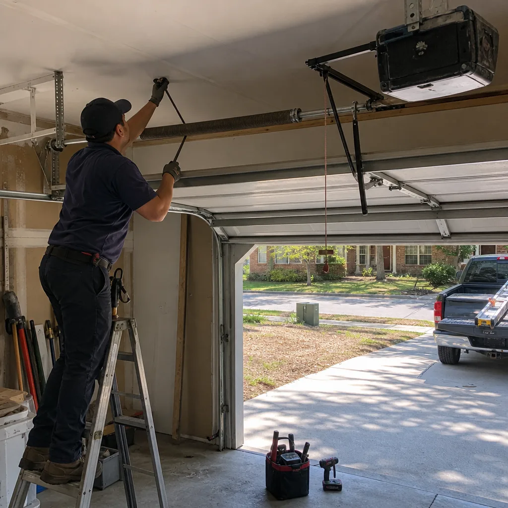 Technician performing professional garage door spring repair on a ladder
