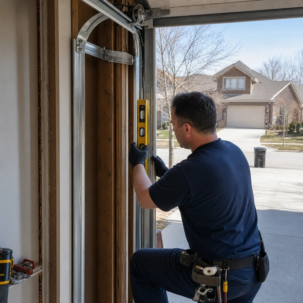 Technician using a level to install or repair a garage door track