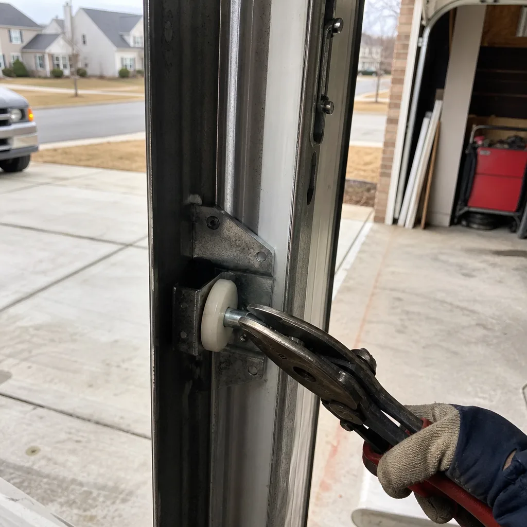 Technician repairing garage door roller and track